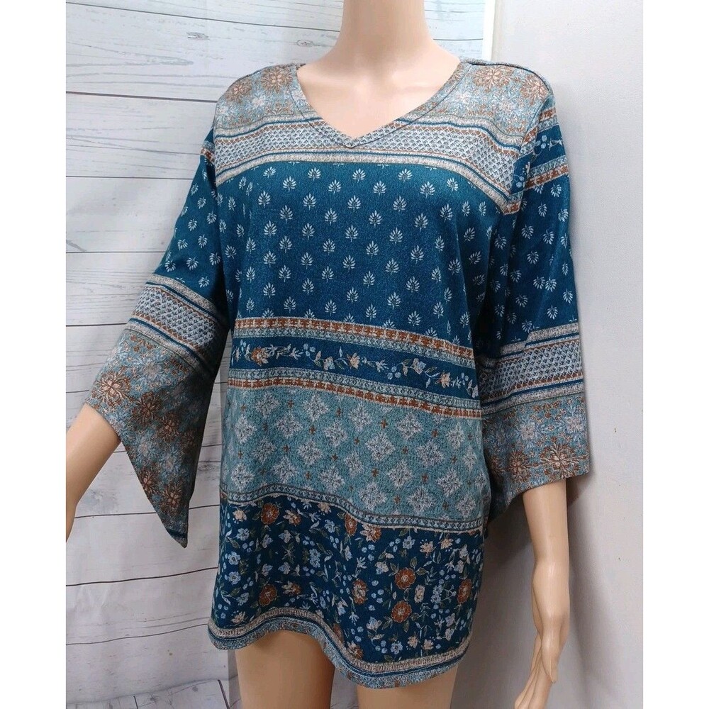 Est 1946 Cato Top Blouse Green Brown Floral Stretch V Neck Sz M